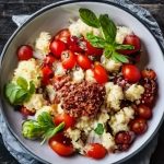 Taboulé de chou-fleur IG bas : une explosion de couleurs et de saveurs avec des tomates cerises juteuses et du basilic frais. Une recette saine, délicieuse et facile à préparer pour un repas équilibré.